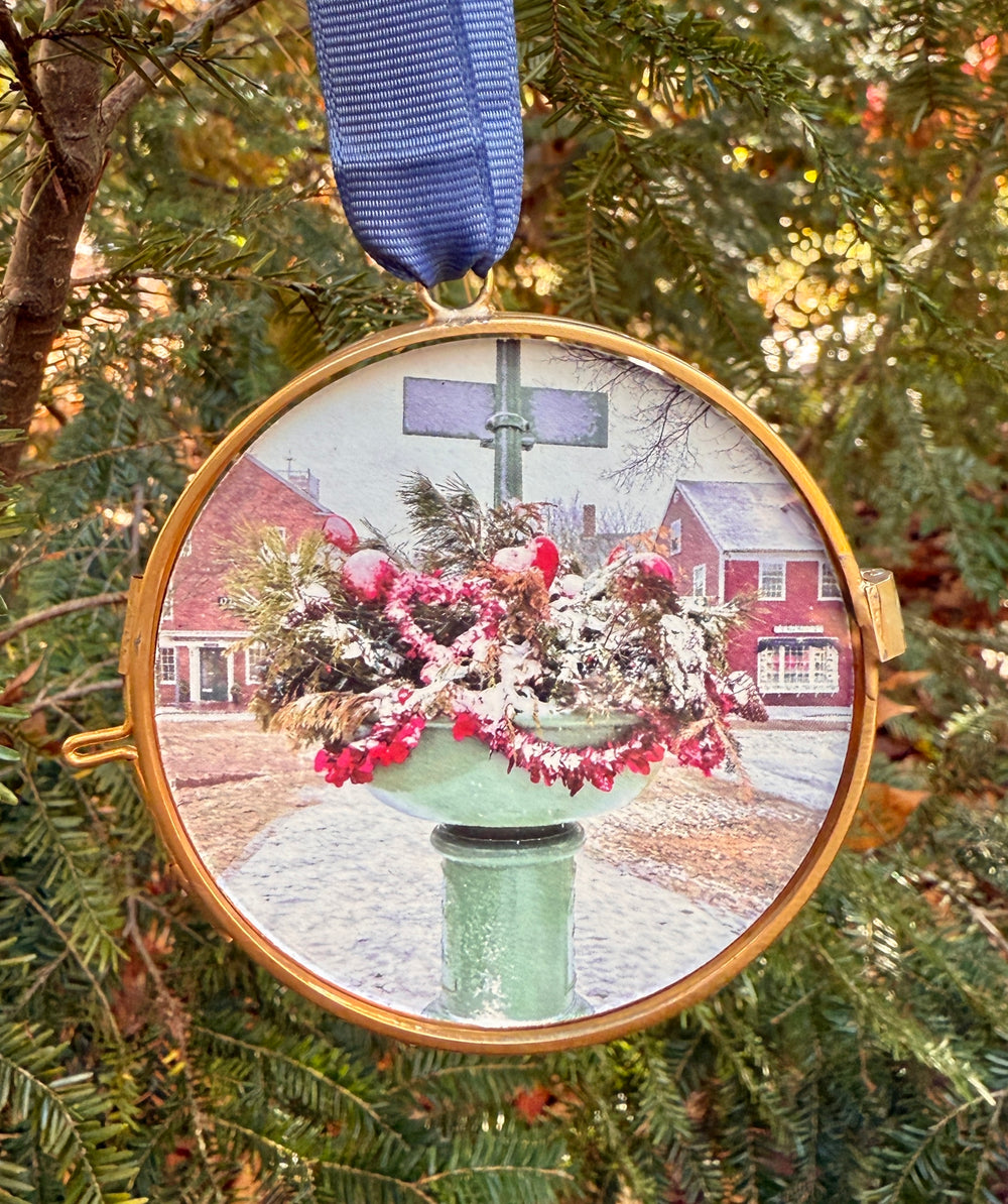 Snowy Main Street Nantucket Brass Ornament